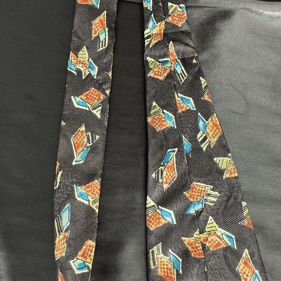 Vintage Damon Mens Black Necktie Blue and Orange Geometric Silk Made In Italy - Picture 6 of 16